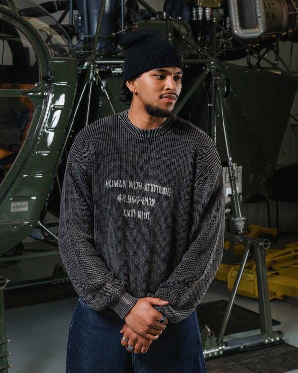 Human With Attitude ARMY RIBBED KNIT CREW NECK SWEATER - BLACK