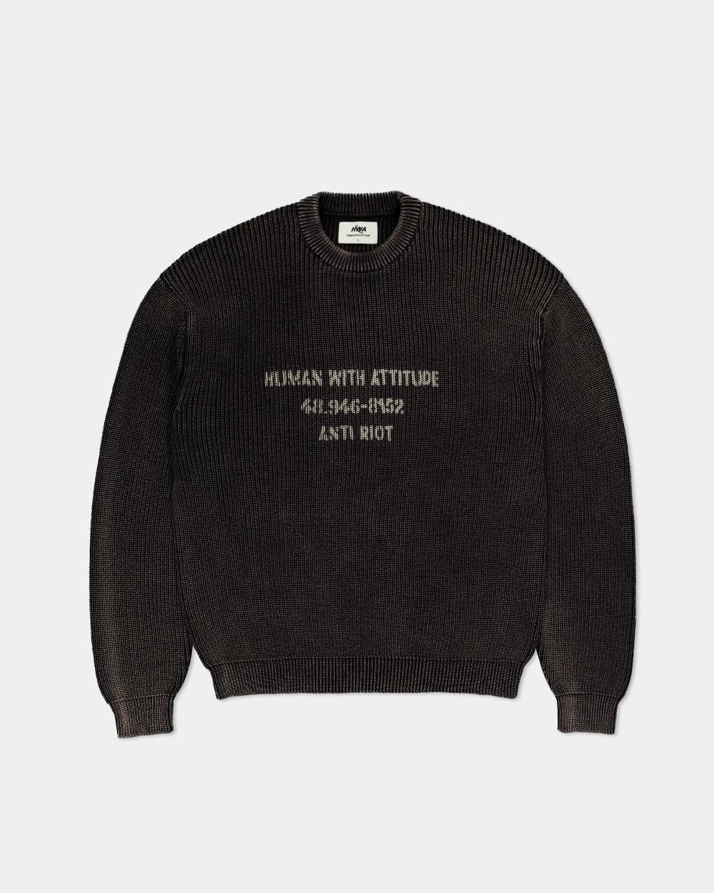 human with attitude ARMY RIBBED KNIT CREW NECK SWEATER - BLACK