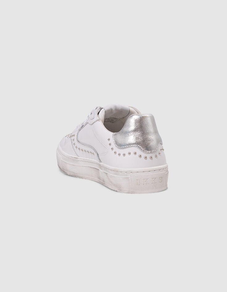 Ikks Baskets Blanches Cuir Décor Clous Lacets Silver Femme
