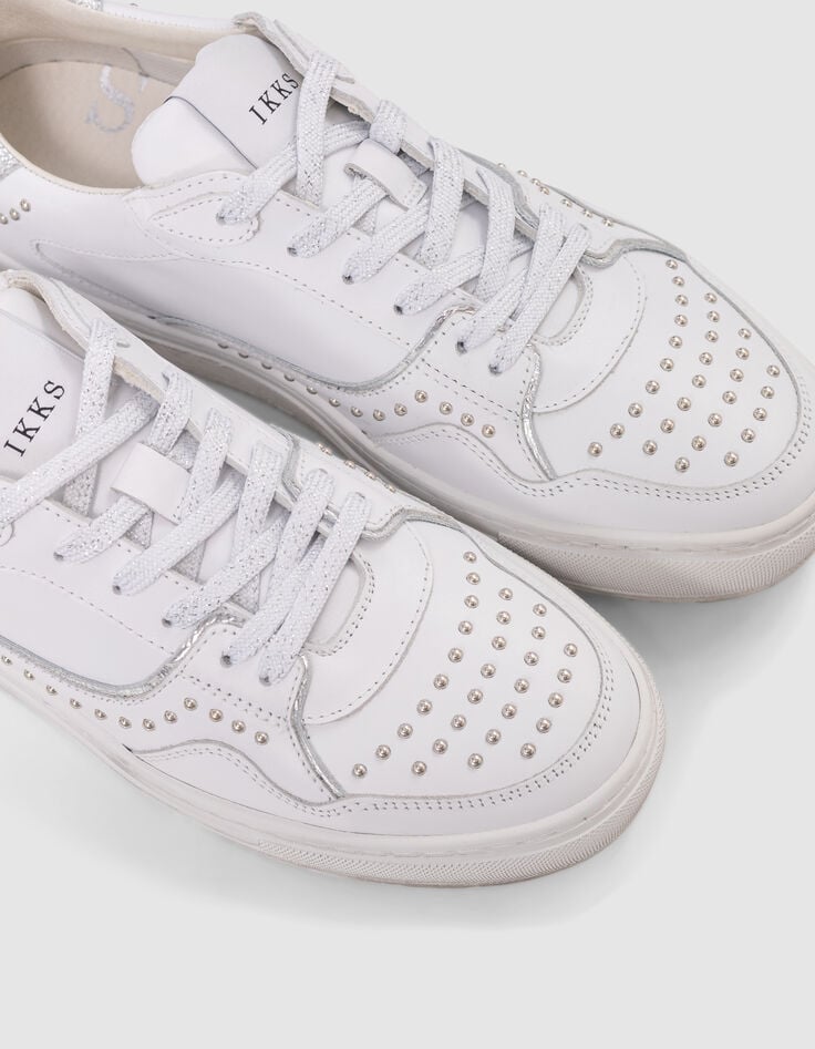 Ikks Baskets Blanches Cuir Décor Clous Lacets Silver Femme