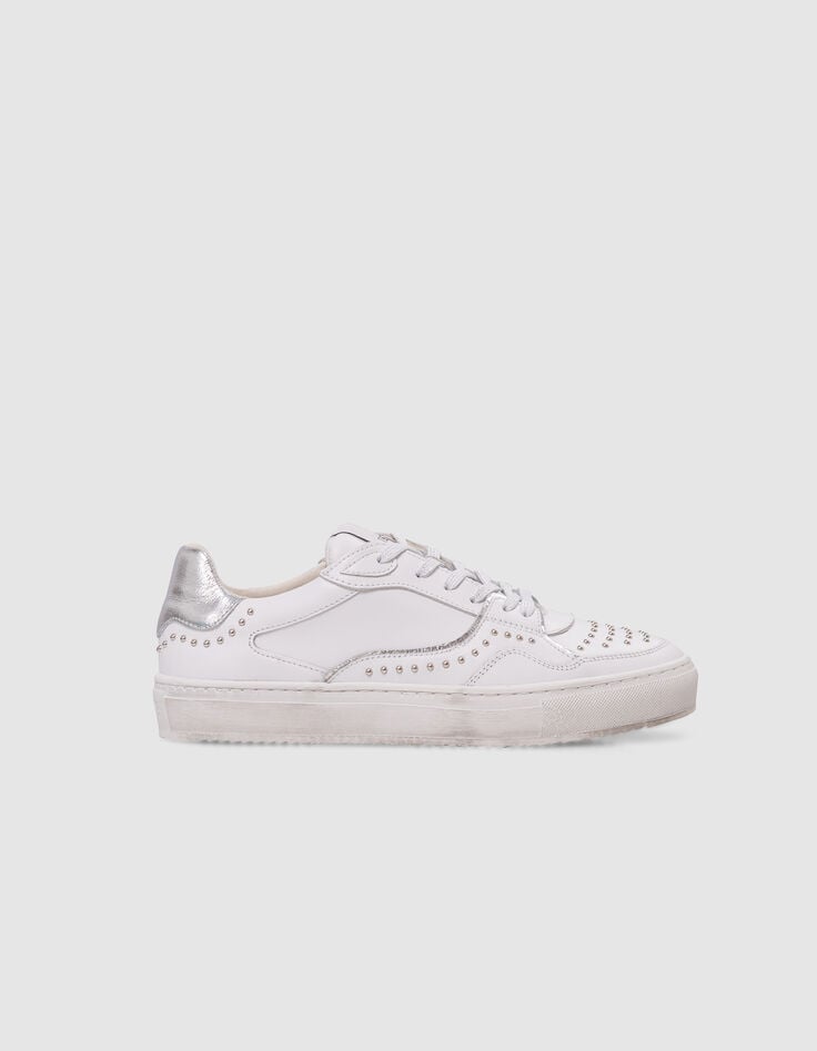 ikks Baskets blanches cuir décor clous lacets silver Femme