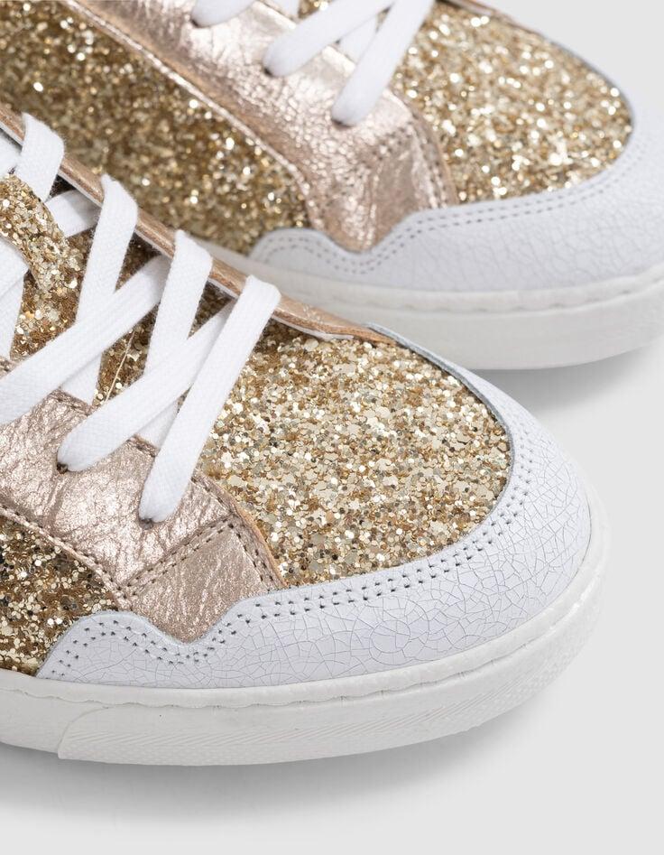 Ikks Baskets Blanches Cuir Et Paillettes Dorées Femme