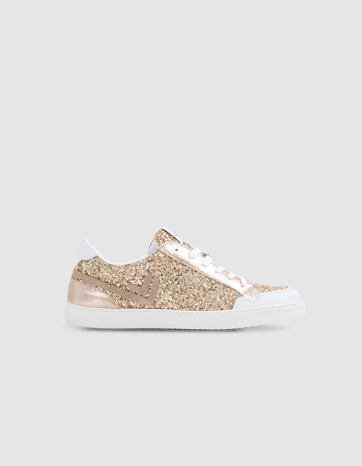 ikks Baskets blanches cuir et paillettes dorées Femme
