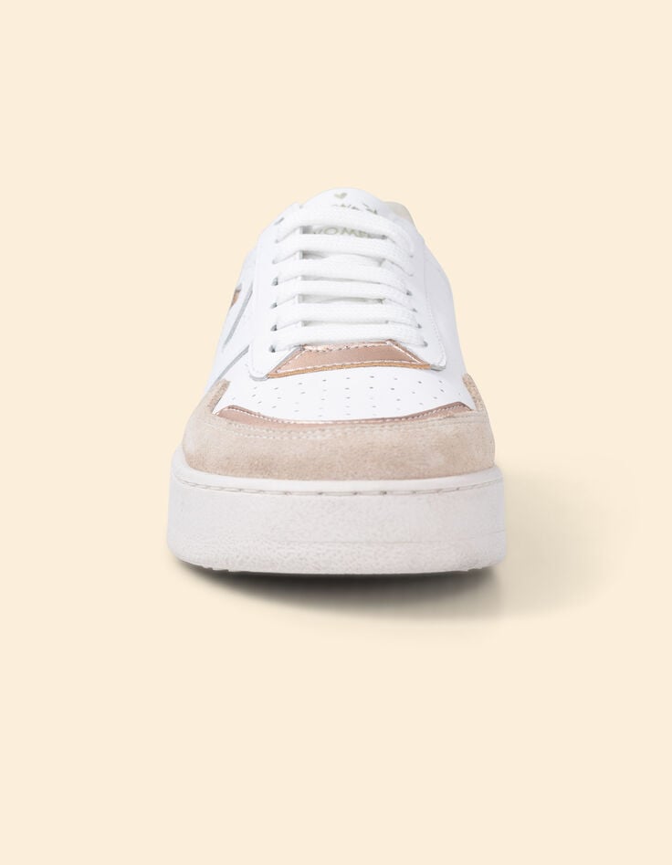 Ikks Baskets Blanches Cuir Velours Cuivré Et Beige I.Code