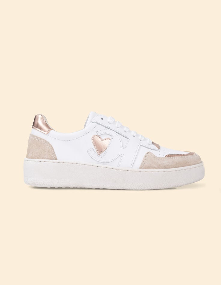 Ikks Baskets Blanches Cuir Velours Cuivré Et Beige I.Code
