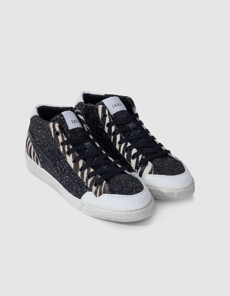 Ikks Baskets Noires Micro Sequins Et Cuir Motif Zèbre Femme