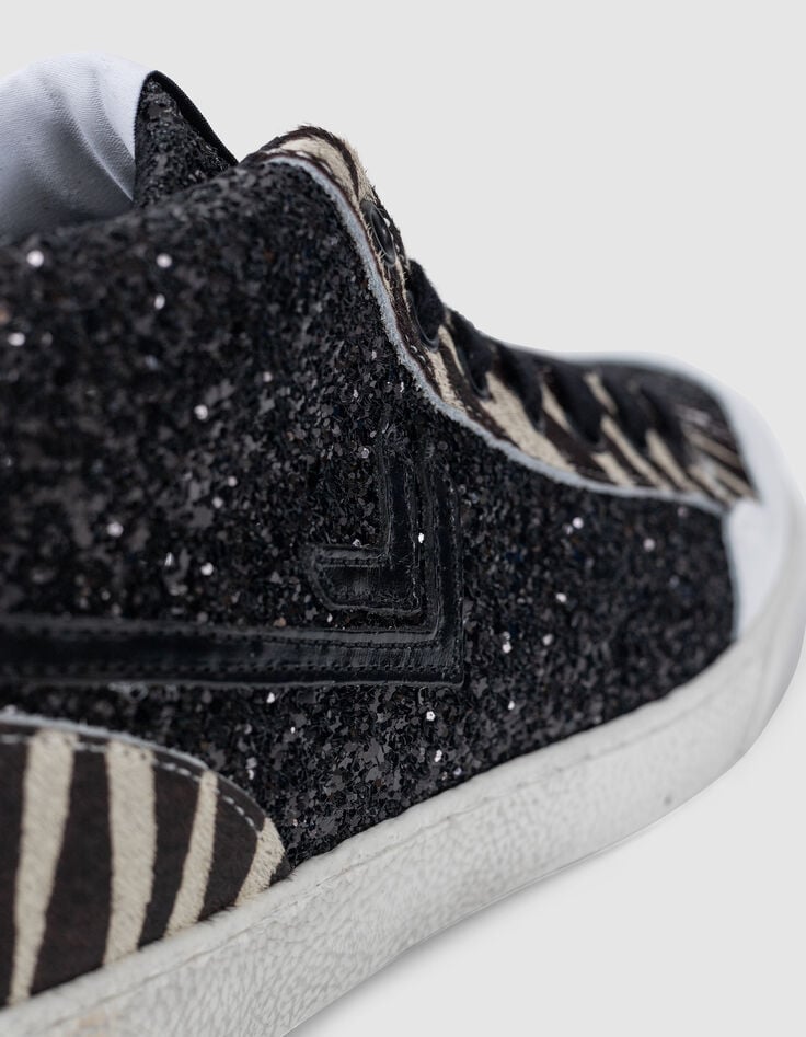 Ikks Baskets Noires Micro Sequins Et Cuir Motif Zèbre Femme