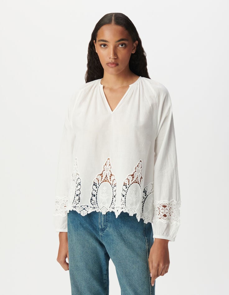 Ikks Blouse Ample Blanche Décor Broderie Dentelle Femme