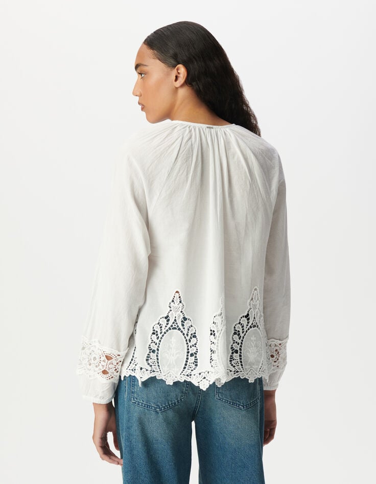 Ikks Blouse Ample Blanche Décor Broderie Dentelle Femme