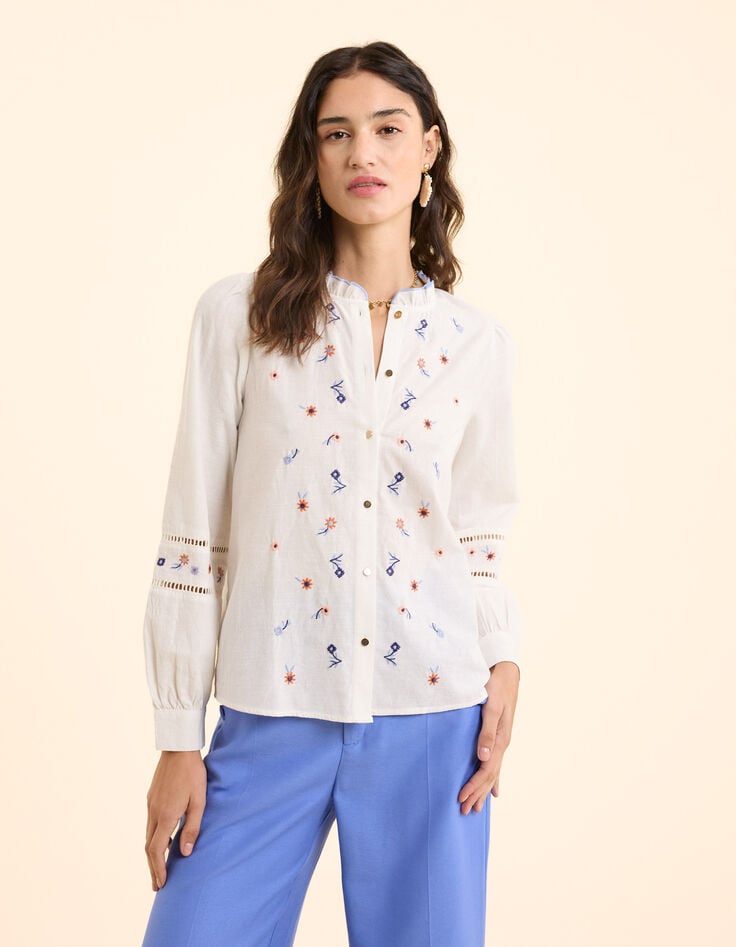 Ikks Blouse Blanc Cassé Broderies Fleurs Multicolores I.Code