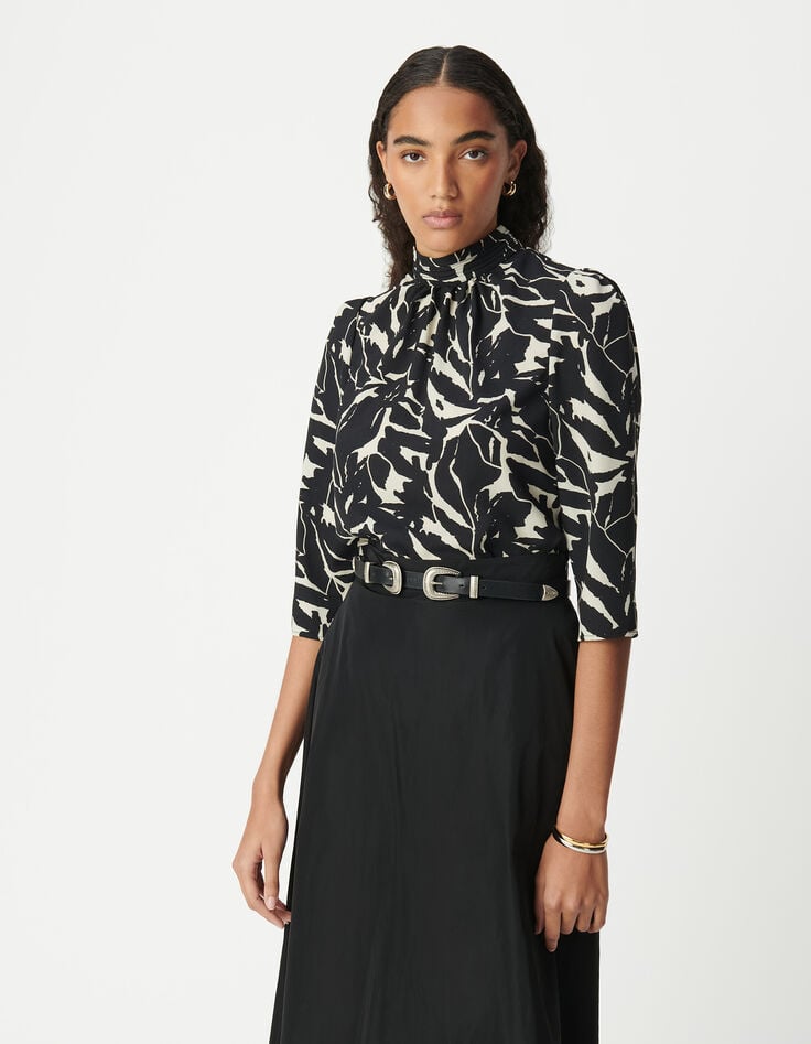 Ikks Blouse Fluide Noire Imprimé Fleurs Zébré Femme