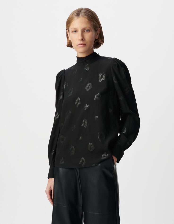 Ikks Blouse Manche Longue Noire Motif Léopard Brodé Sequins Femme