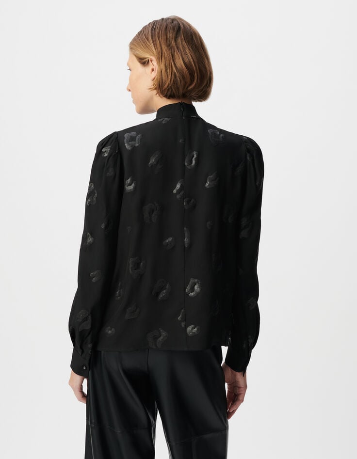 Ikks Blouse Manche Longue Noire Motif Léopard Brodé Sequins Femme