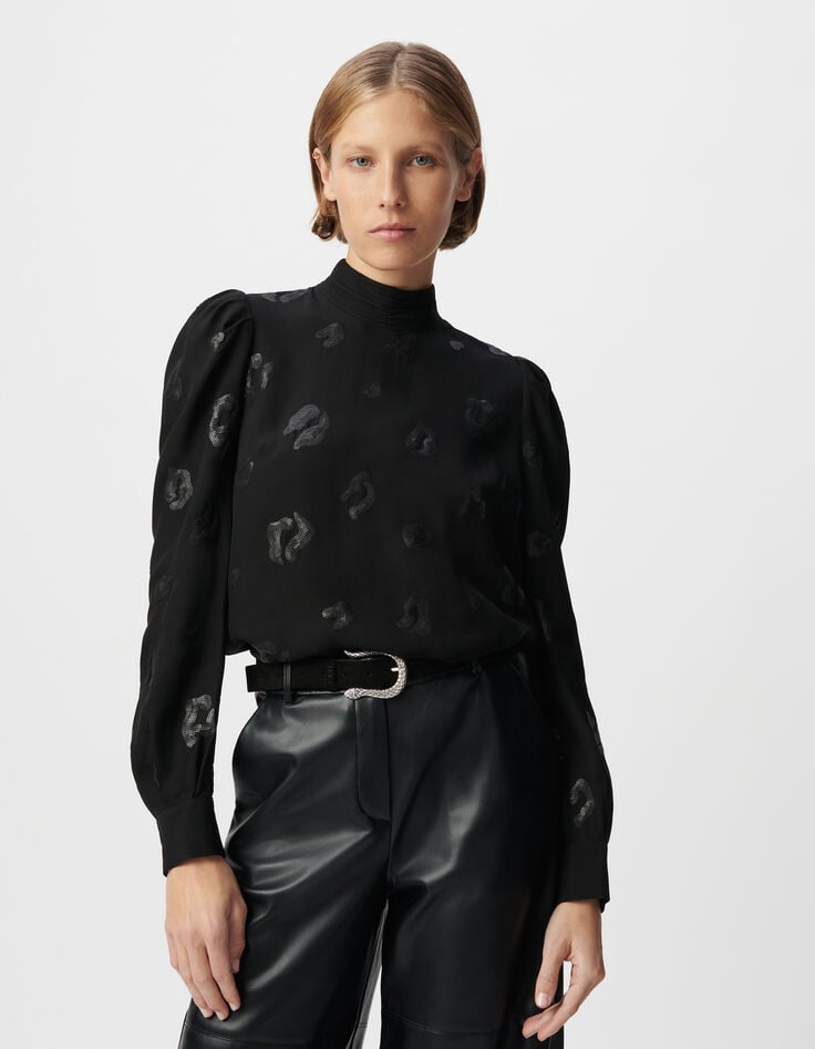 Ikks Blouse Manche Longue Noire Motif Léopard Brodé Sequins Femme