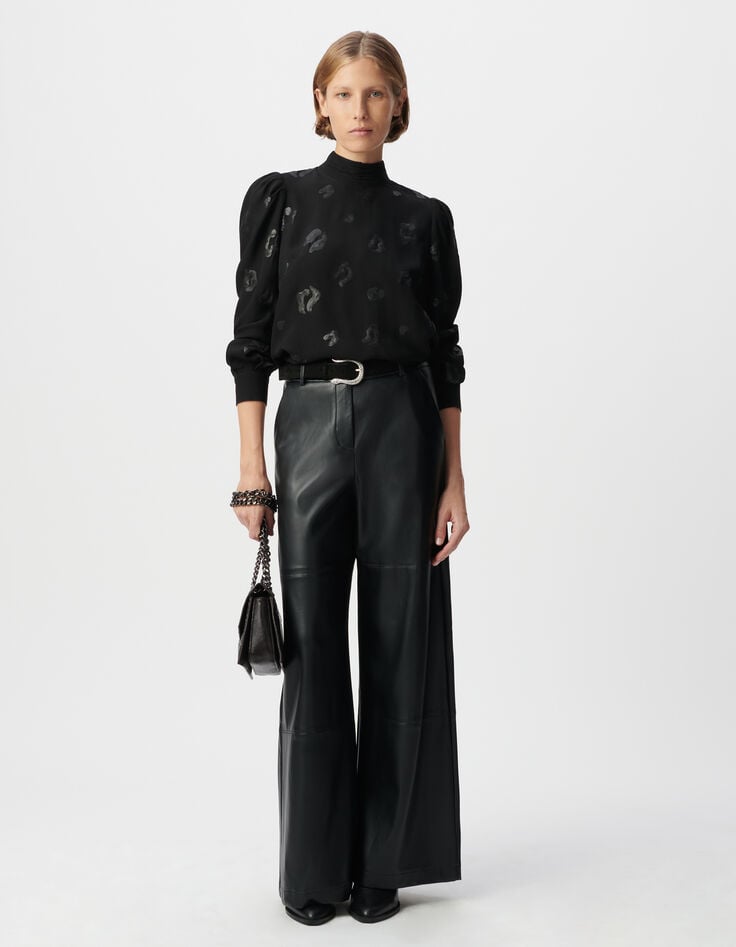 ikks Blouse manche longue noire motif léopard brodé sequins Femme