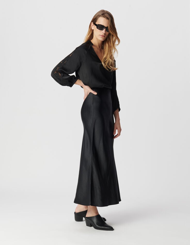 Ikks Blouse Noire Effet Froissé Avec Dentelle Femme