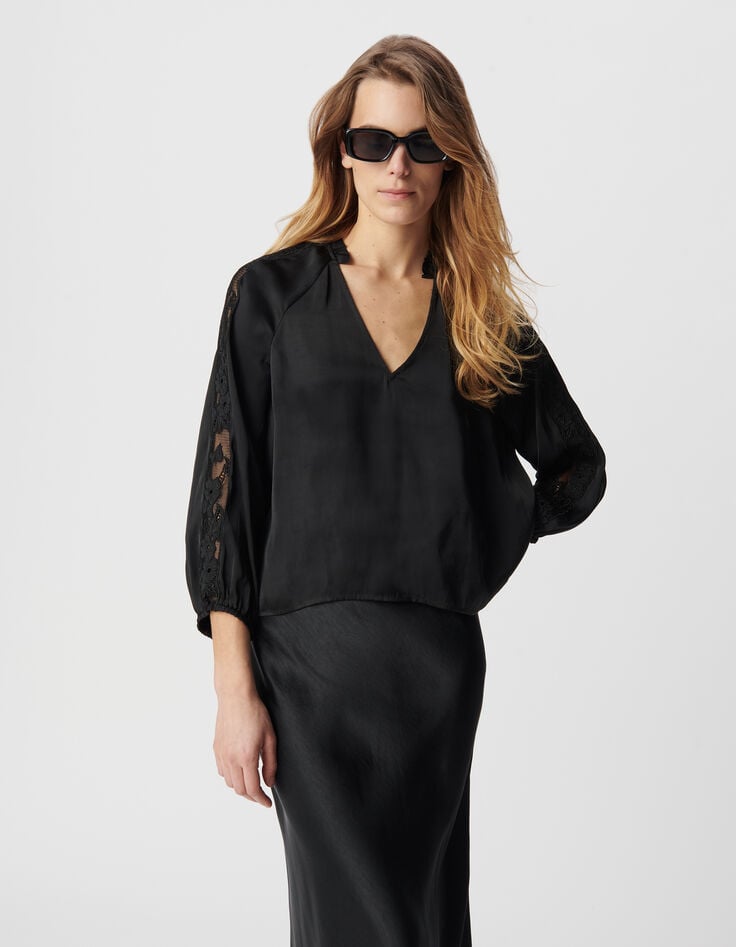 Ikks Blouse Noire Effet Froissé Avec Dentelle Femme