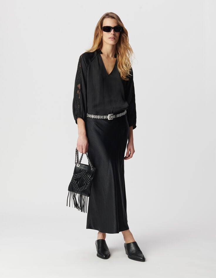 ikks Blouse noire effet froissé avec dentelle Femme