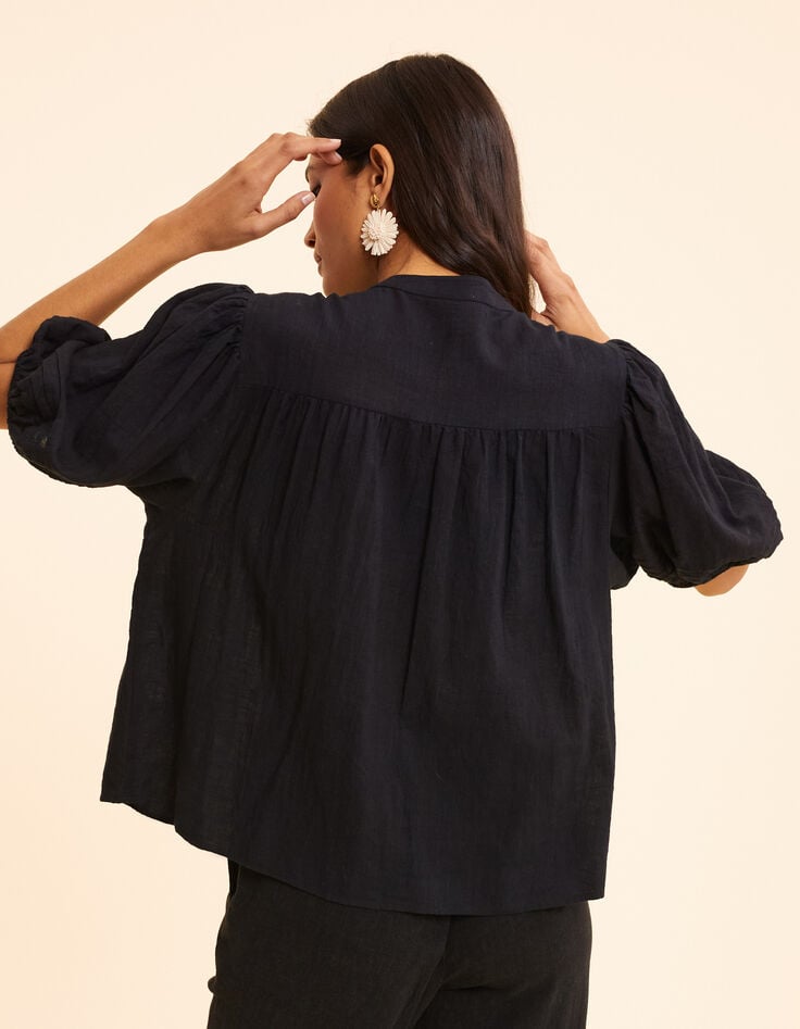 Ikks Blouse Noire Manches Bouffantes Broderies Plastron I.Code