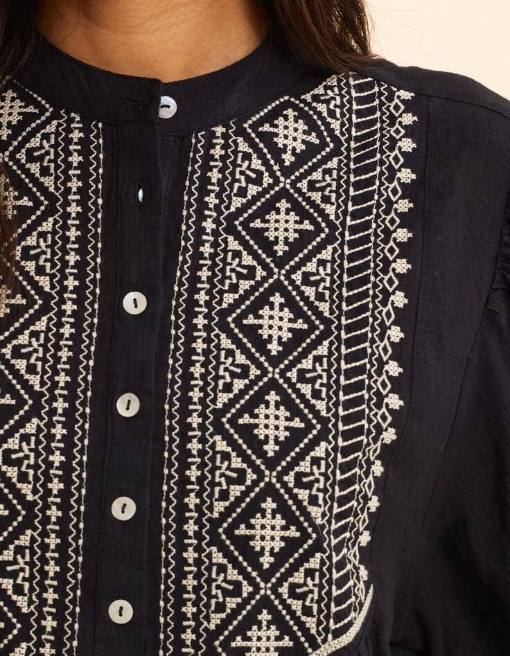 Ikks Blouse Noire Manches Bouffantes Broderies Plastron I.Code