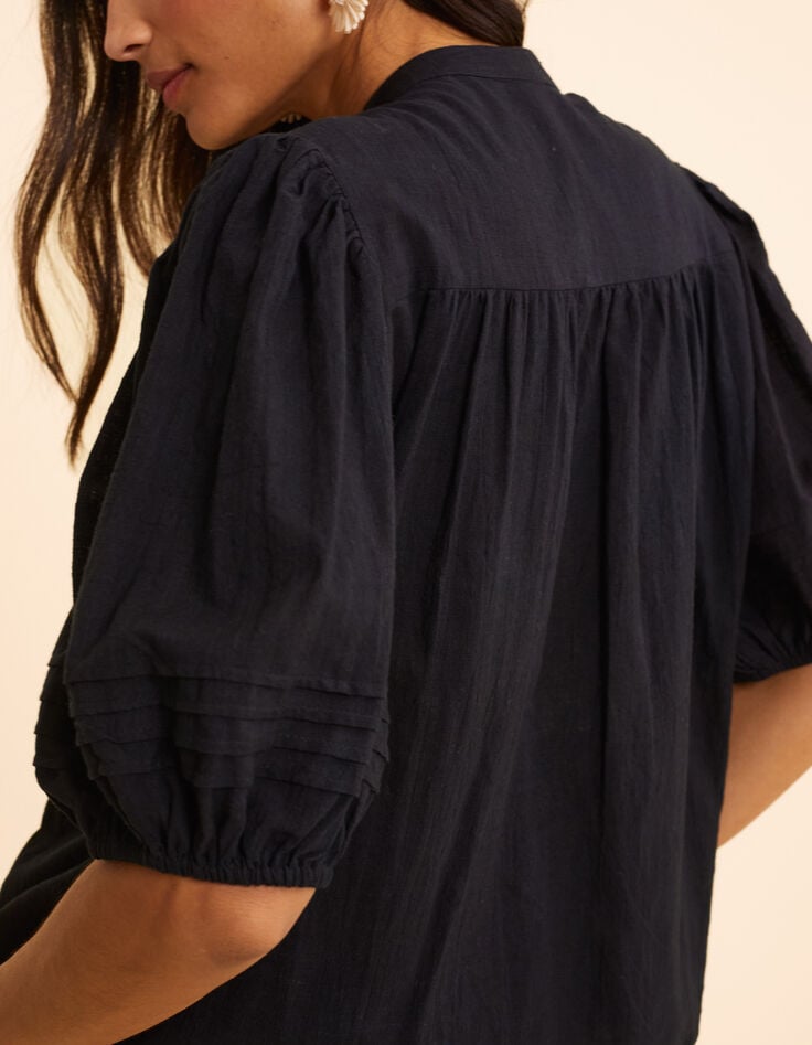 Ikks Blouse Noire Manches Bouffantes Broderies Plastron I.Code
