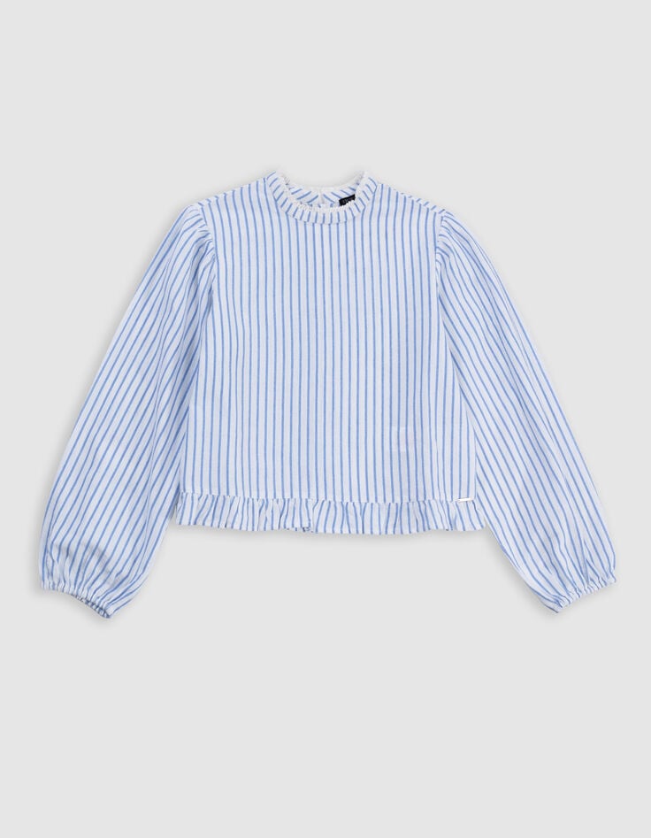 Ikks Blouse Rayures Bleues Col Dentelle Et Basque Fille