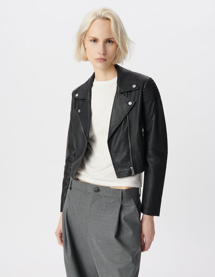 Ikks Blouson Court En Cuir D'agneau épaules Matelassées Femme