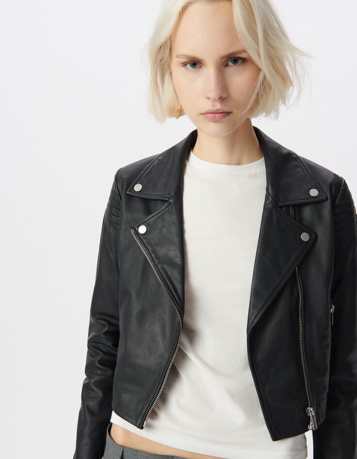 Ikks Blouson Court En Cuir D'agneau épaules Matelassées Femme