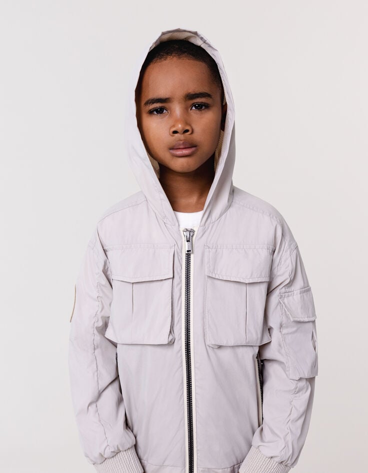 Ikks Blouson Gris à Capuche Multipoches Nylon Garçon