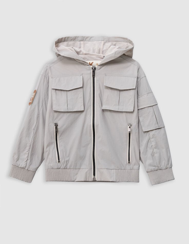 Ikks Blouson Gris à Capuche Multipoches Nylon Garçon