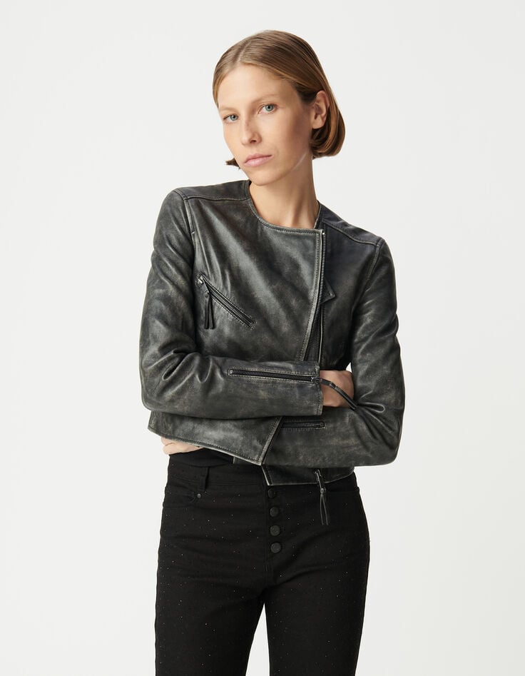 Ikks Blouson Noir Cuir Délavé Esprit Motard Poches Zippées Femme