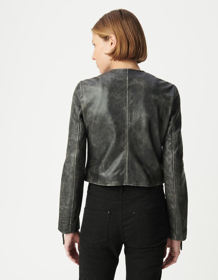 Ikks Blouson Noir Cuir Délavé Esprit Motard Poches Zippées Femme