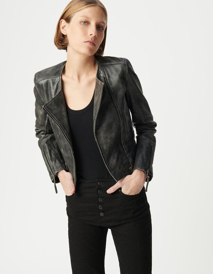 Ikks Blouson Noir Cuir Délavé Esprit Motard Poches Zippées Femme