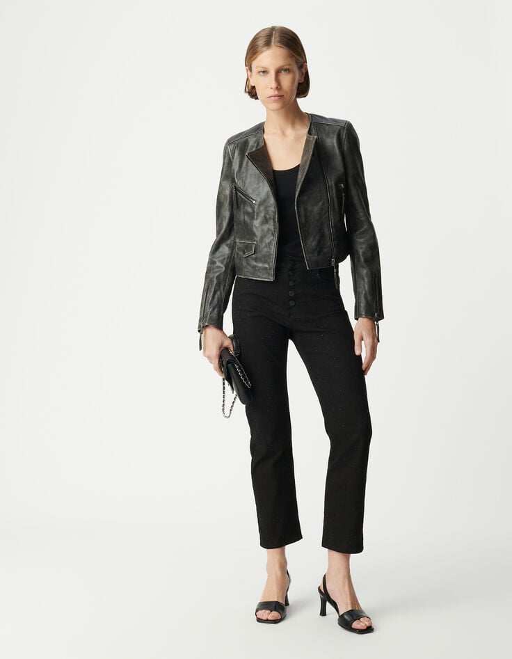 ikks Blouson noir cuir délavé esprit motard poches zippées Femme