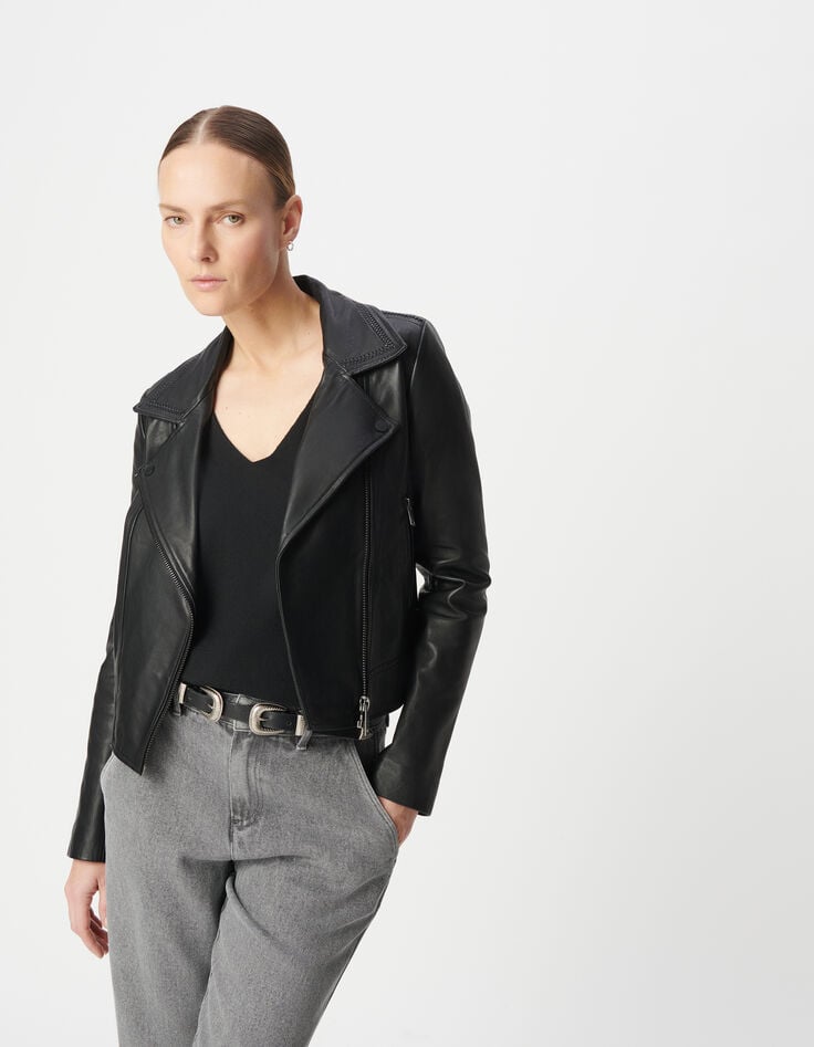 Ikks Blouson Noir Cuir Esprit Motard Parementure Amovible Femme