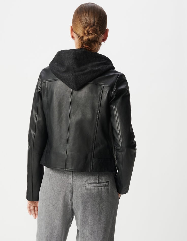 Ikks Blouson Noir Cuir Esprit Motard Parementure Amovible Femme