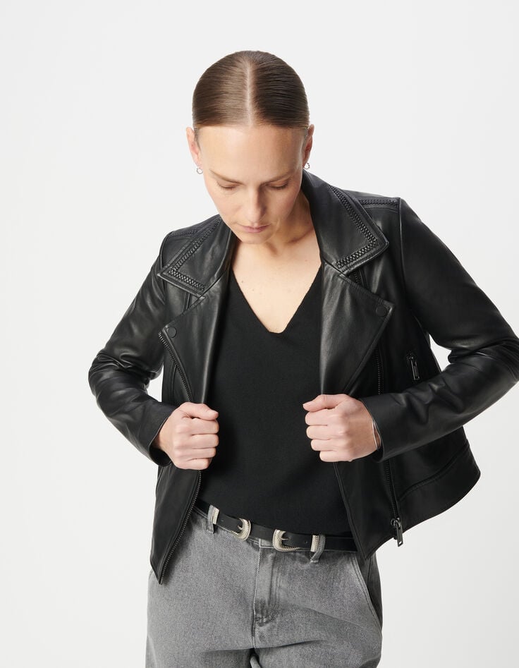 Ikks Blouson Noir Cuir Esprit Motard Parementure Amovible Femme