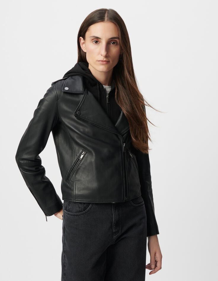 Ikks Blouson Noir En Cuir D'agneau à Capuche Amovible Femme