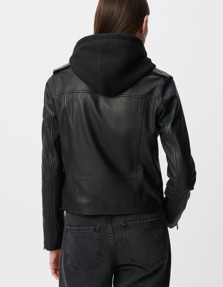 Ikks Blouson Noir En Cuir D'agneau à Capuche Amovible Femme