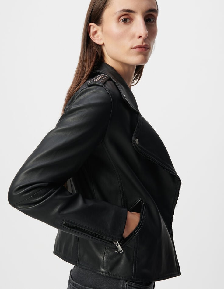 Ikks Blouson Noir En Cuir D'agneau à Capuche Amovible Femme