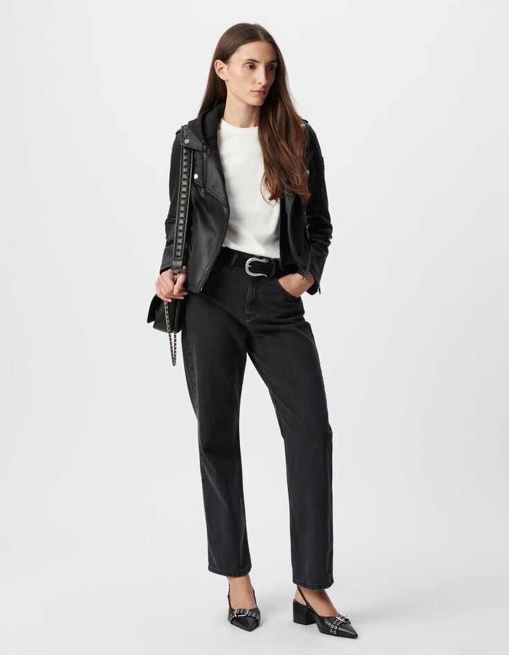 ikks Blouson noir en cuir d'agneau à capuche amovible femme