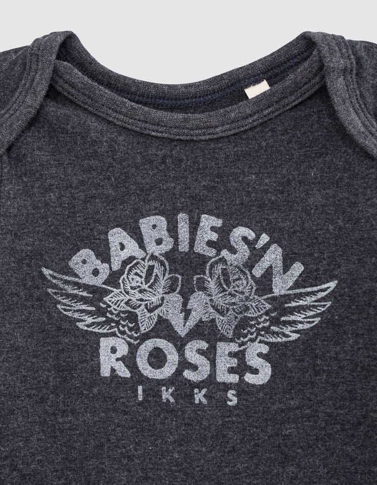 Ikks Body Gris Chiné Visuel Roses En Coton Bio Bébé