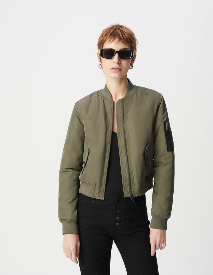 Ikks Bomber Court Kaki Poche Zippée Bi-matière Femme