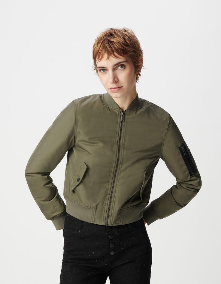 Ikks Bomber Court Kaki Poche Zippée Bi-matière Femme