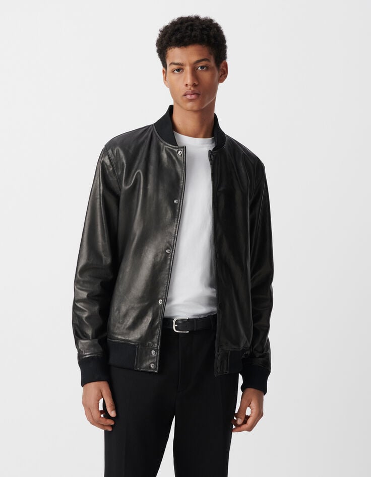 Ikks Bomber Noir En Cuir à Parmenture Amovible Homme