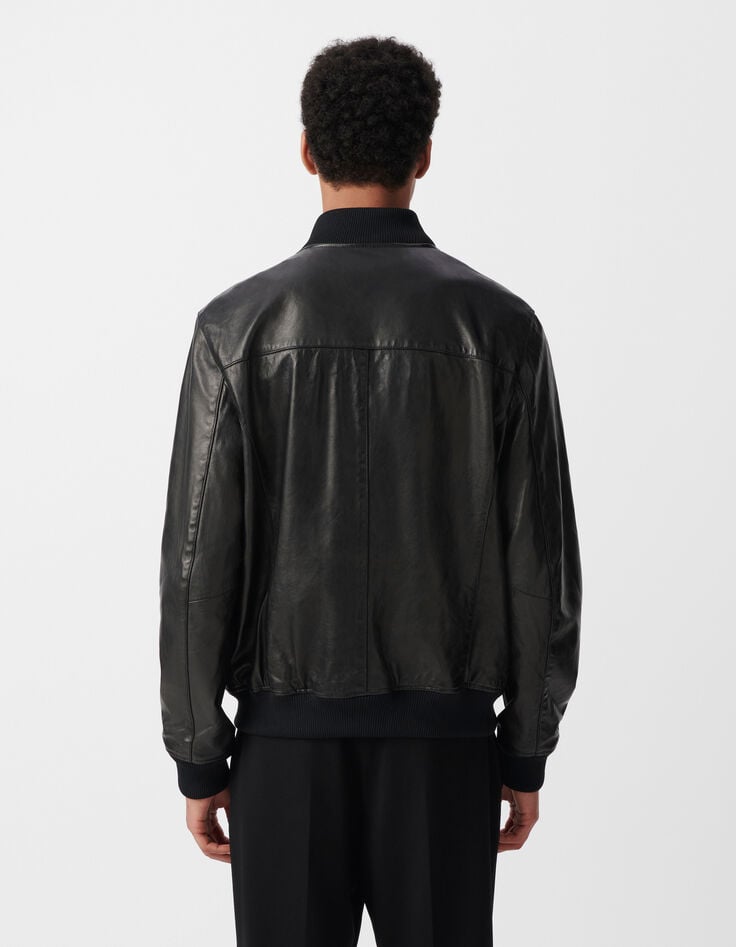 Ikks Bomber Noir En Cuir à Parmenture Amovible Homme