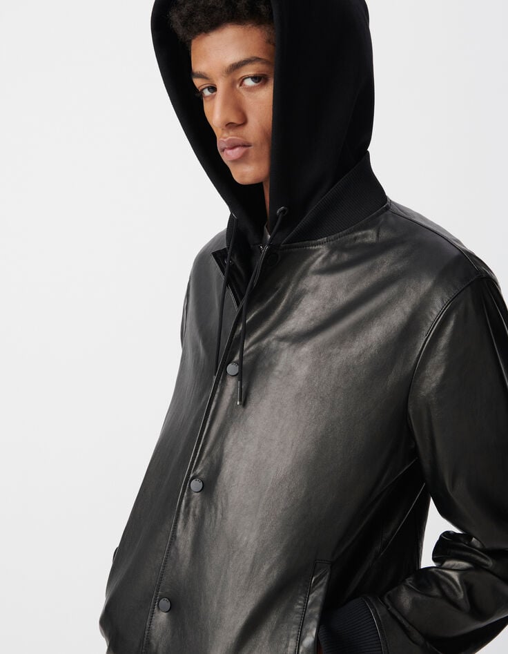 Ikks Bomber Noir En Cuir à Parmenture Amovible Homme