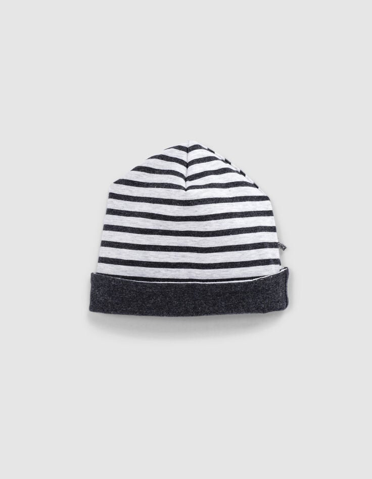 Ikks Bonnet Réversible Gris Chiné Et Rayé Coton Bio Bébé