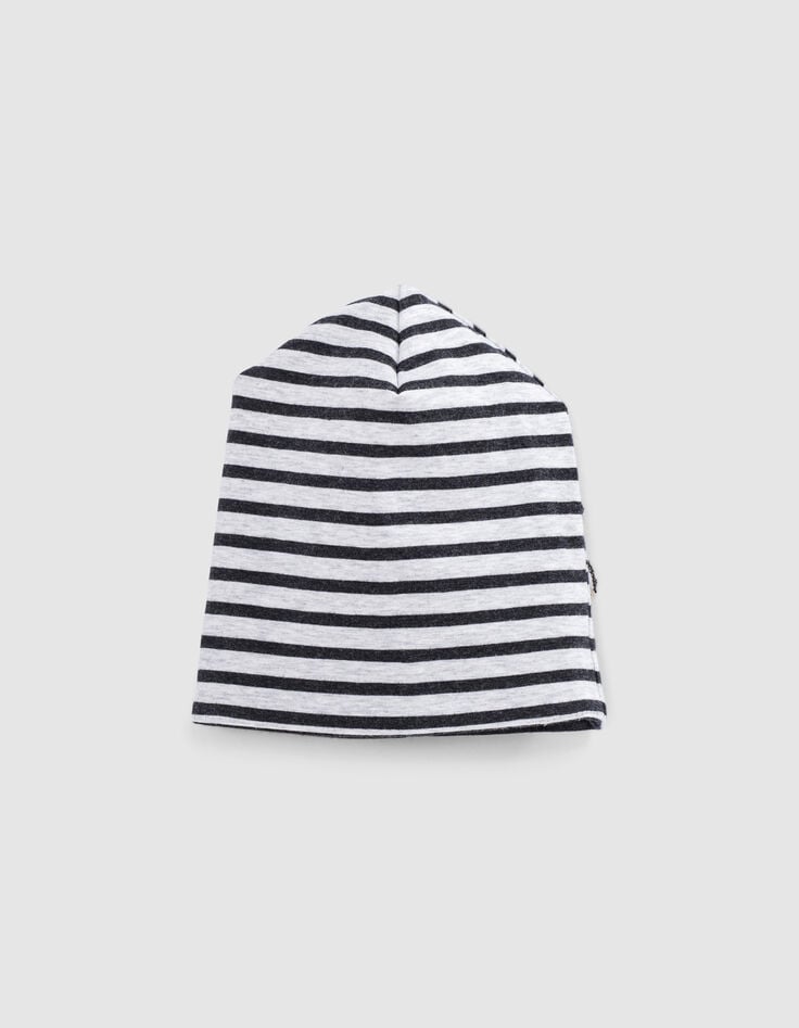 Ikks Bonnet Réversible Gris Chiné Et Rayé Coton Bio Bébé