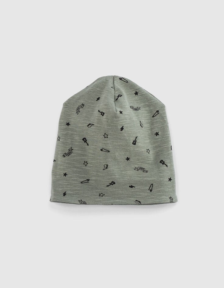 Ikks Bonnet Réversible Kaki Et Imprimé Rock Coton Bio Bébé